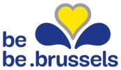 A blue and yellow logo with a heart