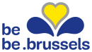 A blue and yellow logo with a heart