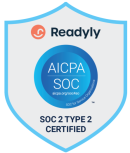 A blue and white shield with the words soc 2 type 2 certified