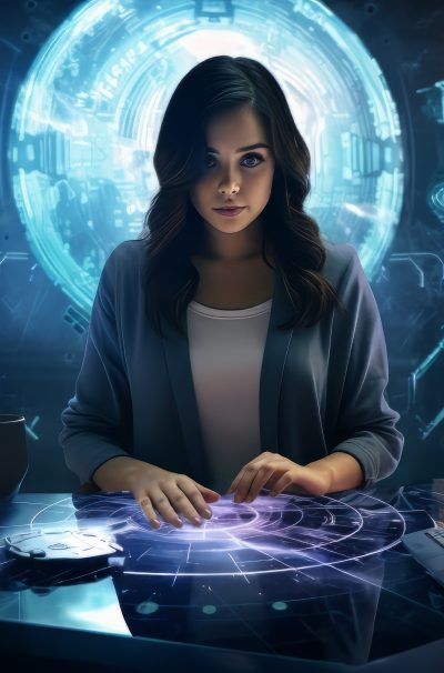 Woman at high-tech workstation with holographic interface and futuristic backdrop.